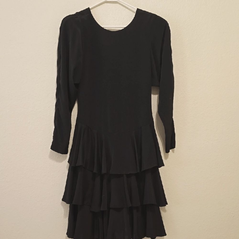 JODY‎ Black Ruffled Tiered Midi Dress Fit and Flare VINTAGE